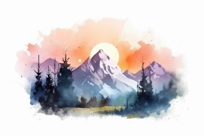 Watercolor of a mountain range with trees and a sunset