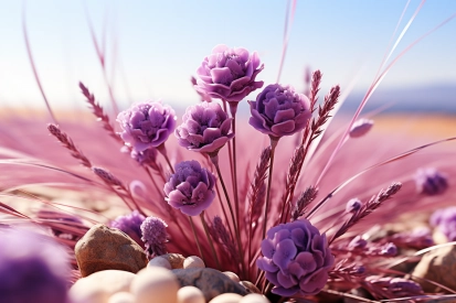 purple flowers and rocks in a field