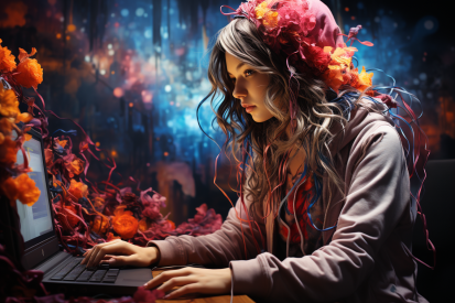 A woman with a flower hat on her head typing on a laptop