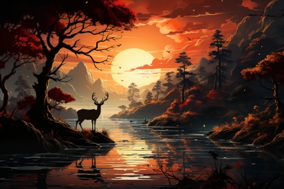 a deer on the shore of a river