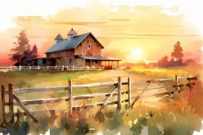 A watercolor painting of a barn and a fence