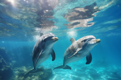 Two dolphins swimming in the water