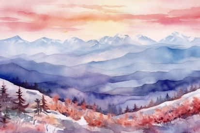 Watercolor painting of mountains and trees