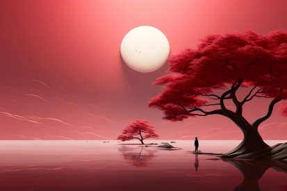 A person standing in front of a body of water with red trees