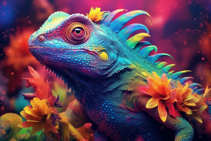 A colorful lizard with flowers on its body