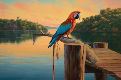 A colorful parrot sitting on a log over a body of water