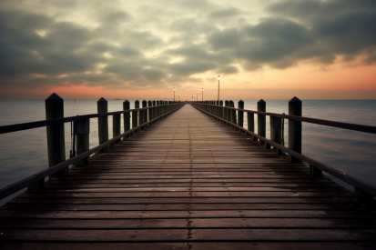 A wooden dock with railings and lights on the water