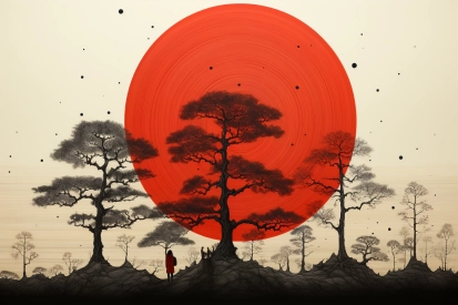 A person standing in front of trees and a red circle