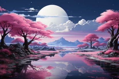a landscape with pink trees and mountains and a moon