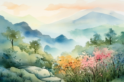 A watercolor painting of a landscape with mountains and flowers