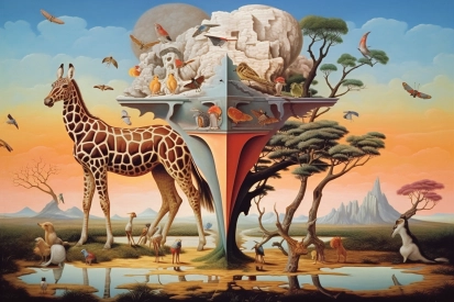 A giraffe and birds in a landscape