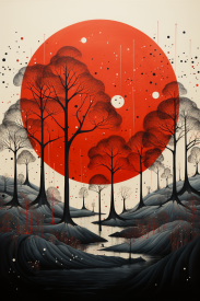 A painting of trees and a red circle