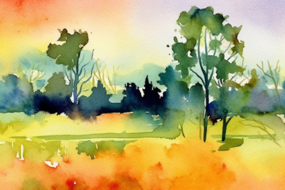 Watercolor painting of trees and grass in a field