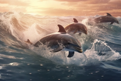 A pair of dolphins jumping out of the water