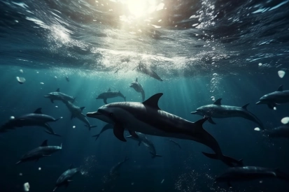 A group of dolphins swimming under water
