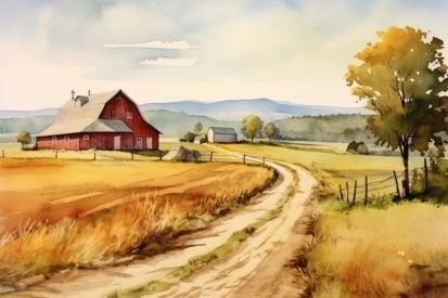 A watercolor painting of a farm