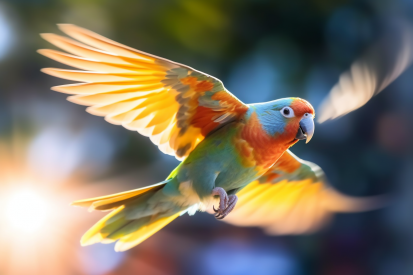 A colorful bird flying in the air