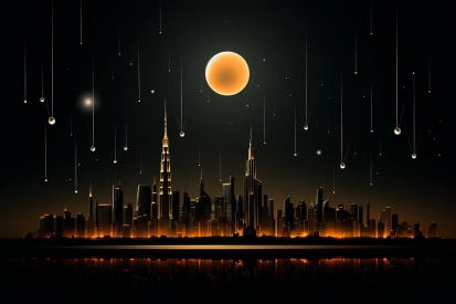 a city skyline with a large moon and stars