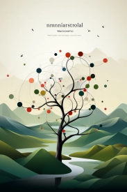 A tree with colorful circles and mountains
