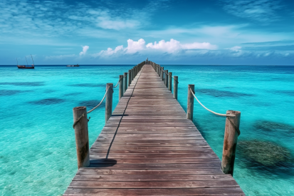 A wooden dock leading to the ocean