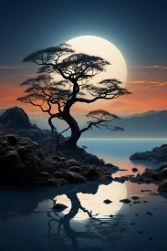 A tree on a rocky shore