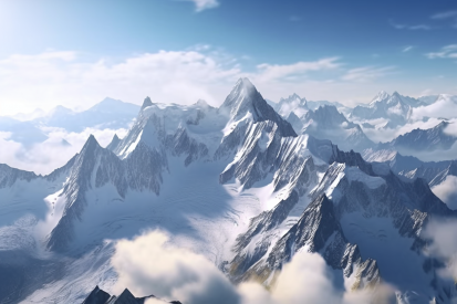 A snowy mountain range with clouds