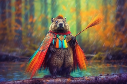 A animal standing on a log holding a broom