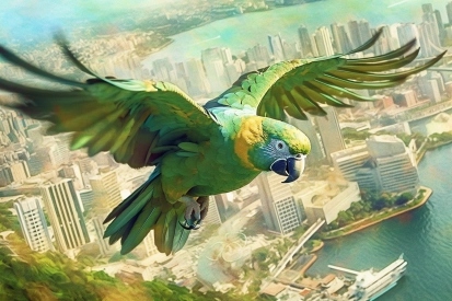 A bird flying over a city