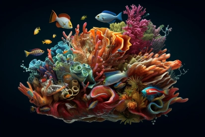 A colorful coral reef with fish and corals