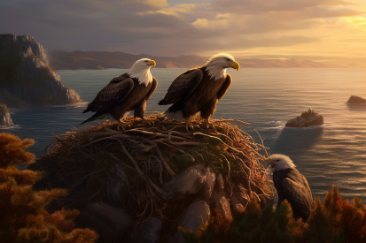 A group of eagles on a nest overlooking a body of water