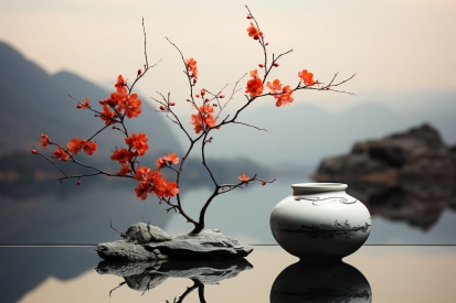 A vase and a tree with red flowers