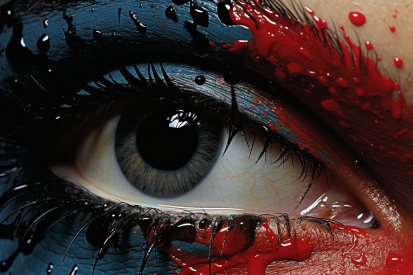 A close up of a woman&#039;s eye with blood on her eye