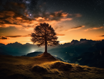 A tree on a hill with mountains in the background