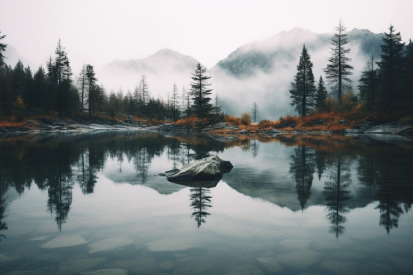A lake with trees and mountains in the background