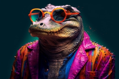 A lizard wearing a colorful jacket and orange glasses
