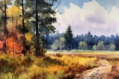 A watercolor painting of a dirt road through a forest