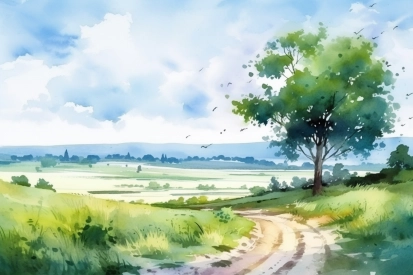 A watercolor of a road and a tree