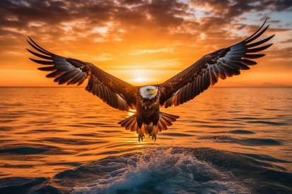 A eagle flying over water