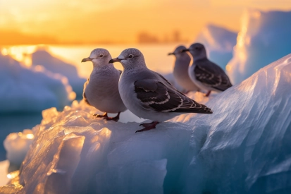 A group of birds standing on ice