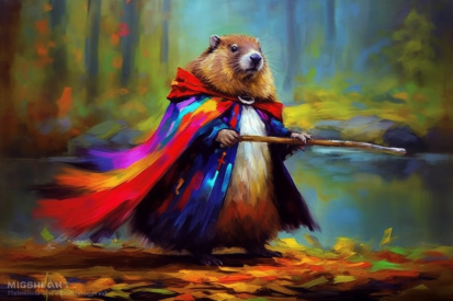 A painting of a beaver wearing a cape and holding a stick