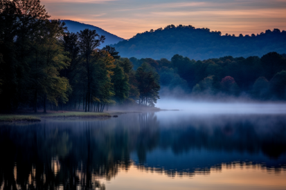 A lake with trees and fog