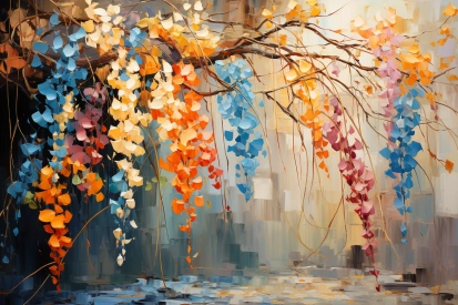 A painting of a tree with colorful leaves