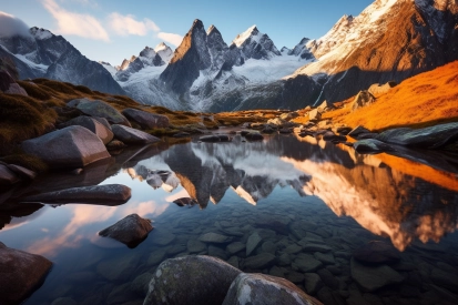 A mountain range with a lake and snow covered mountains