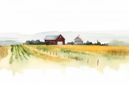 A watercolor of a farm