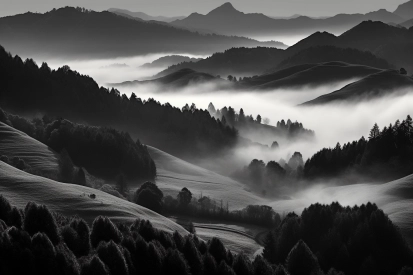 A black and white landscape of hills and trees