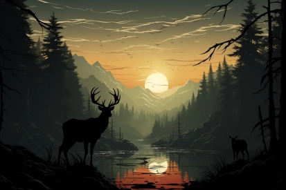 a deer in a forest with a river and mountains in the background