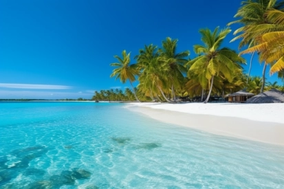 A beach with palm trees and clear blue water