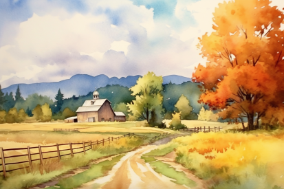 A watercolor painting of a farm house and trees
