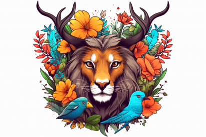 A lion and birds surrounded by flowers