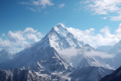 A snowy mountain with clouds in the sky